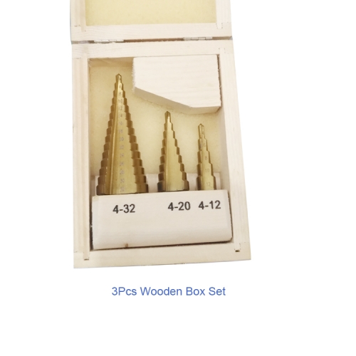 HSS Tin-coated Straight Flute Step Drill Bit Set, Wooden Box